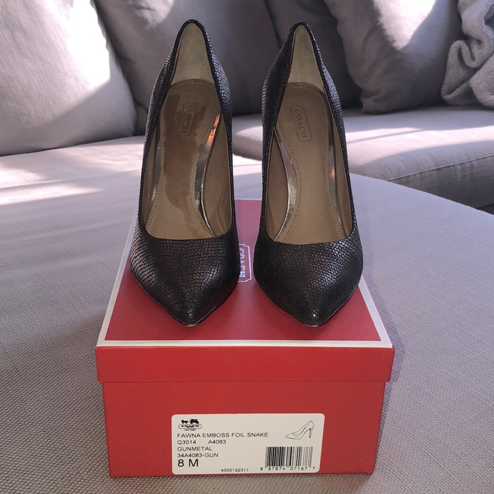 Coach Fawna Emboss Foil Snake Gunmetal Heels